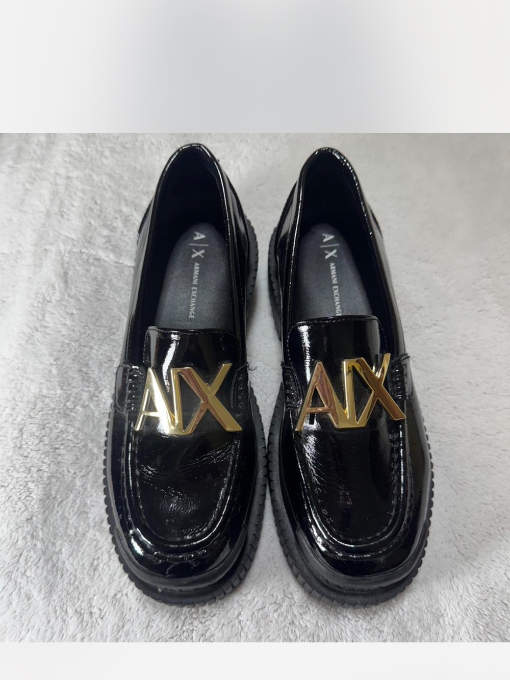 A|X Armani Exchange Black Patent Loafers with Gold AX Emblem